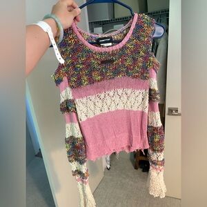 Y2K Colorblock Cold Shoulder Knit Top | Soft Mesh Long Sleeve